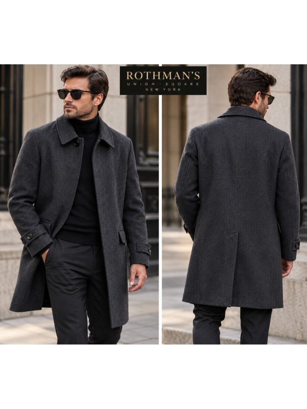 Rotherman’s Men’s Wool Cashmere Overcoat Size 58 Made Italy Black Classic Coat